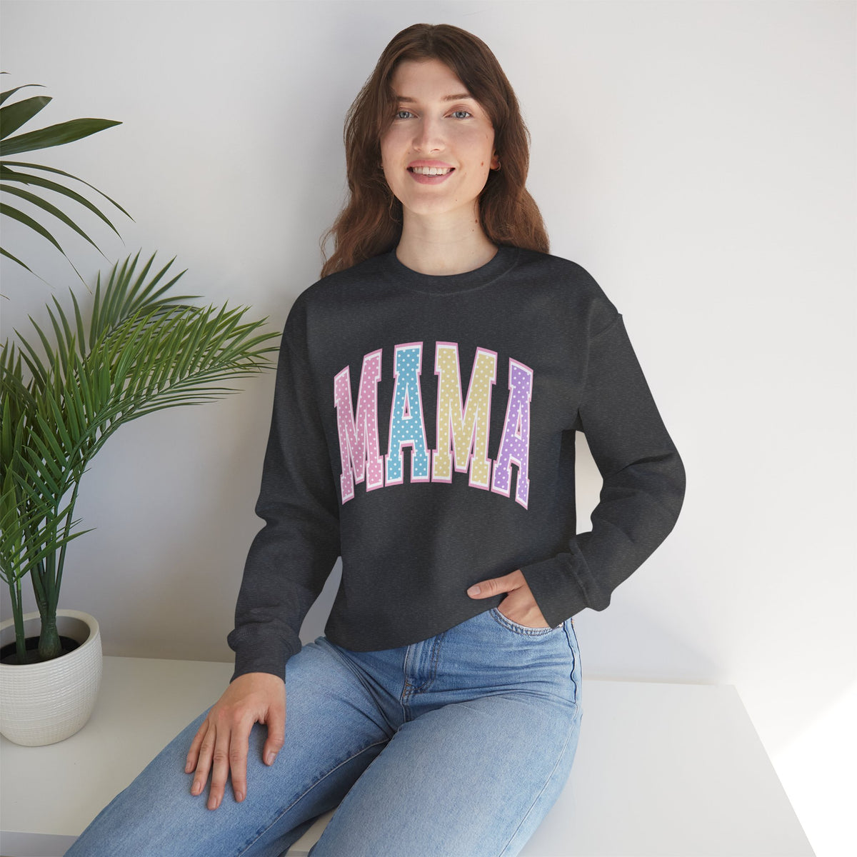 Mama Patchwork Crewneck Sweatshirt — Pastel Quilted Lettering for New & Expecting Moms