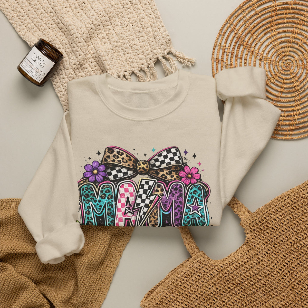 Mama Graphic Sweatshirt - Colorful Floral Checkerboard Print