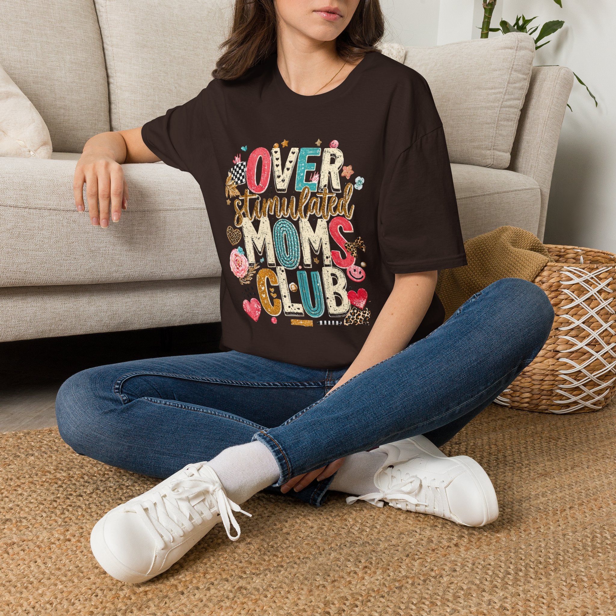 Overstimulated Mom Graphic T-Shirt — Colorful Playful Lettering Tee