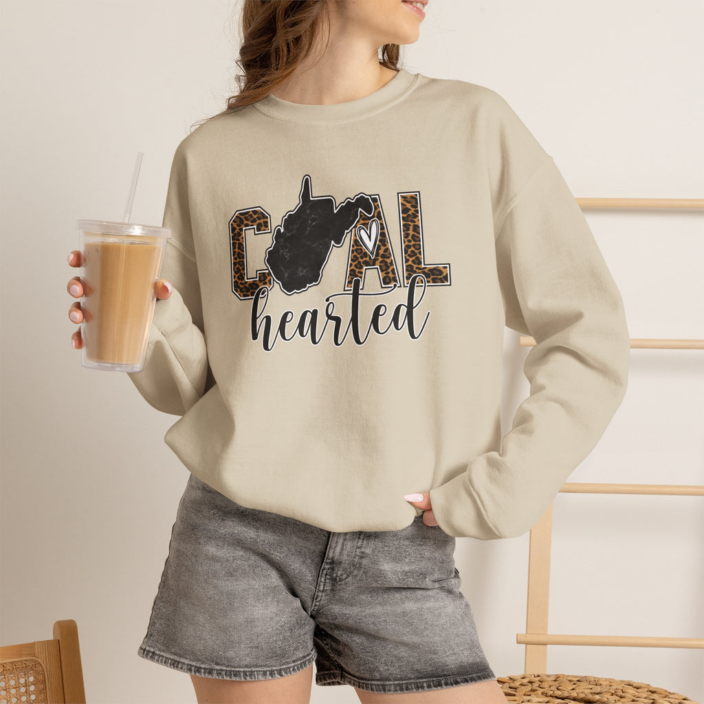 West Virginia Hearted Crewneck Sweatshirt — 'Coal Hearted' Leopard Accent