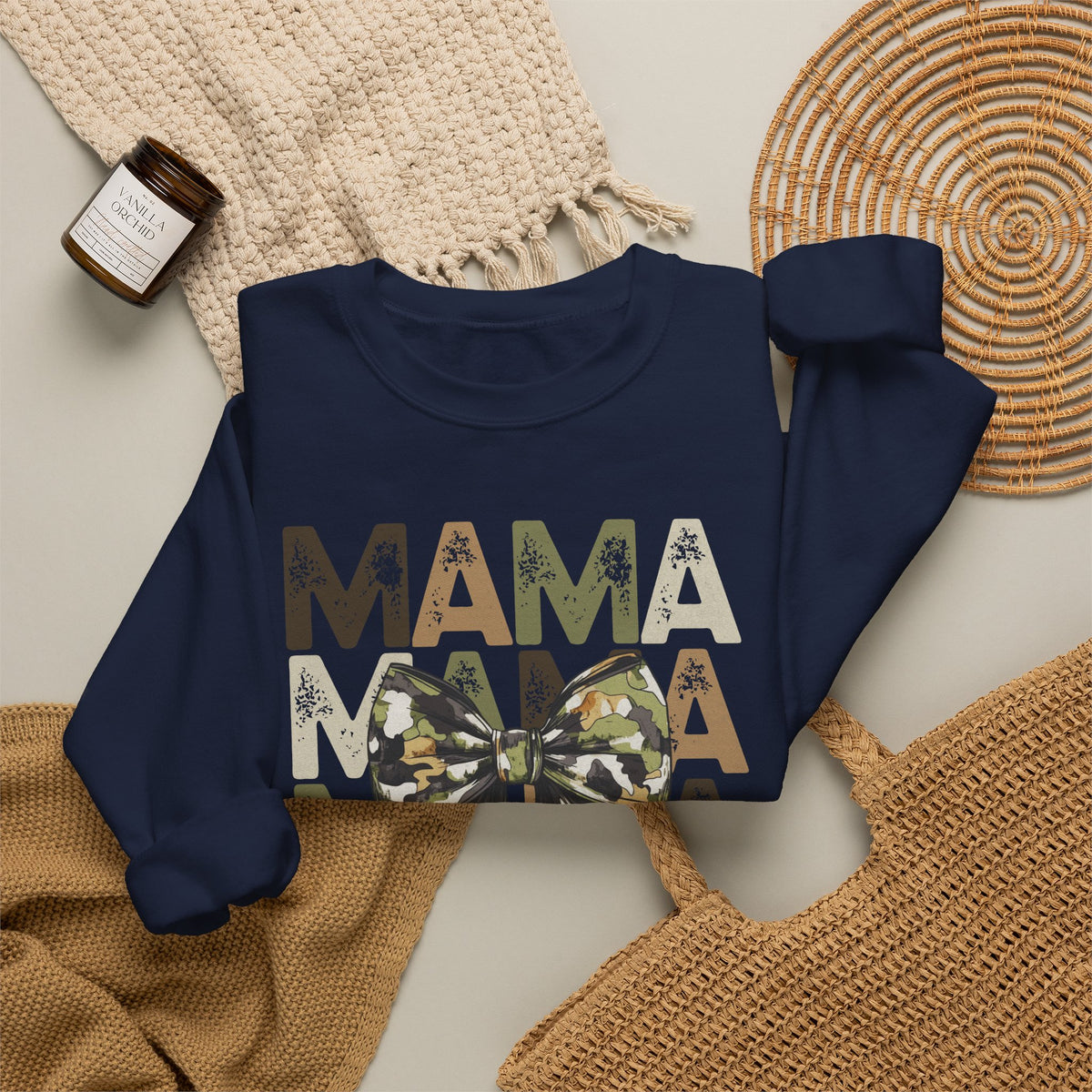Mama Camo Bow Sweatshirt — Layered MAMA Graphic for Military & Outdoors Moms