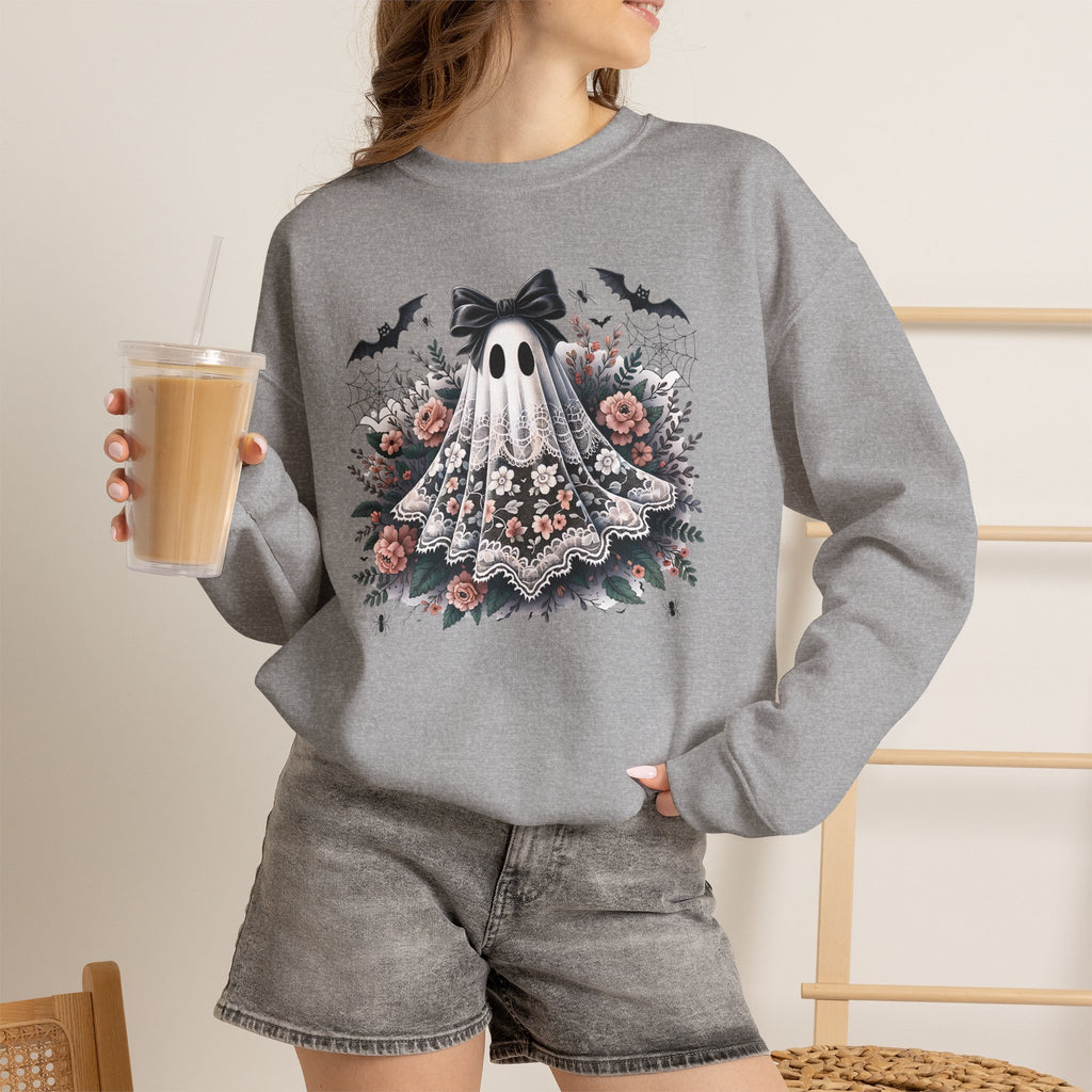 Ghost in Bloom Crewneck Sweatshirt — Floral Halloween Ghost Graphic