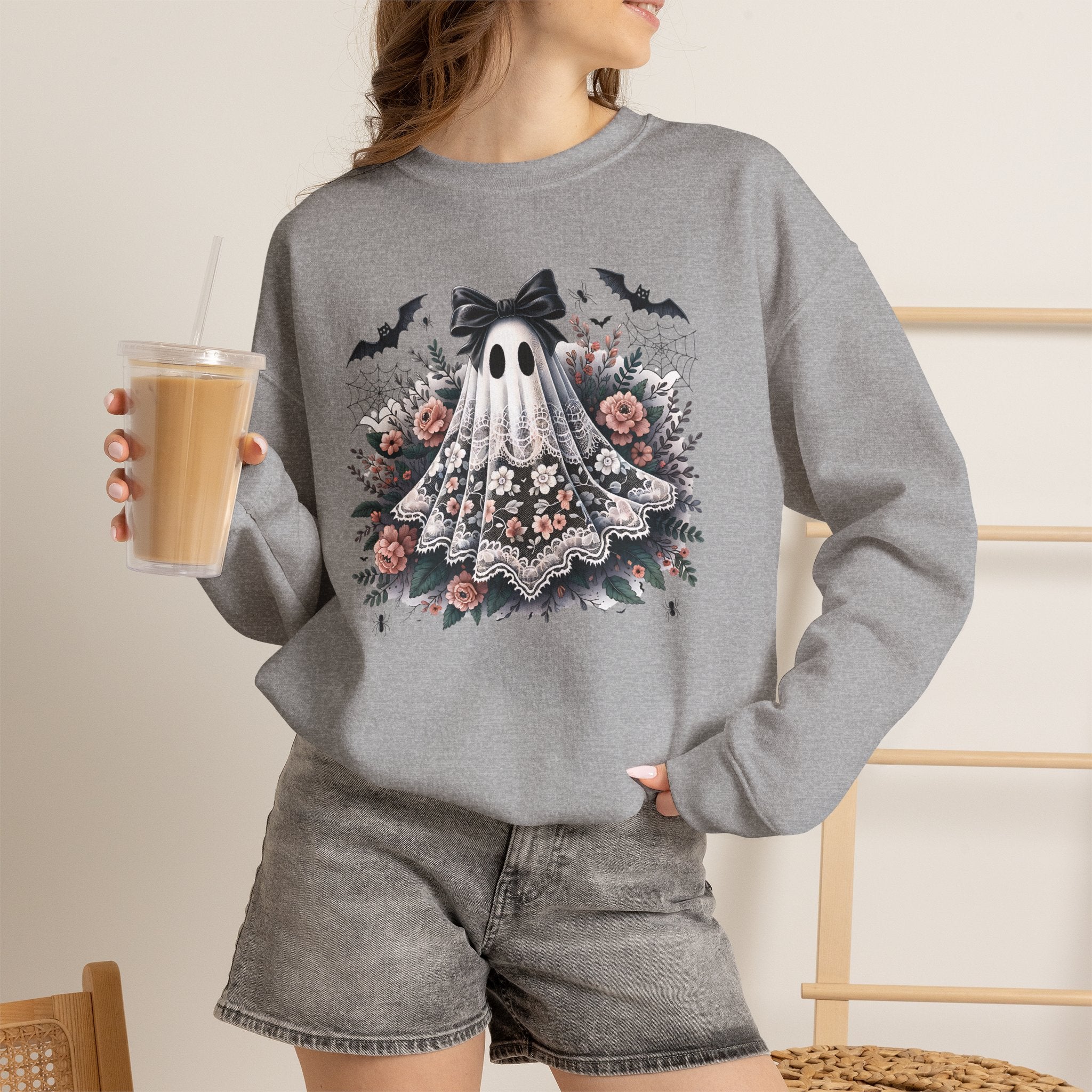 Ghost in Bloom Crewneck Sweatshirt — Floral Halloween Ghost Graphic