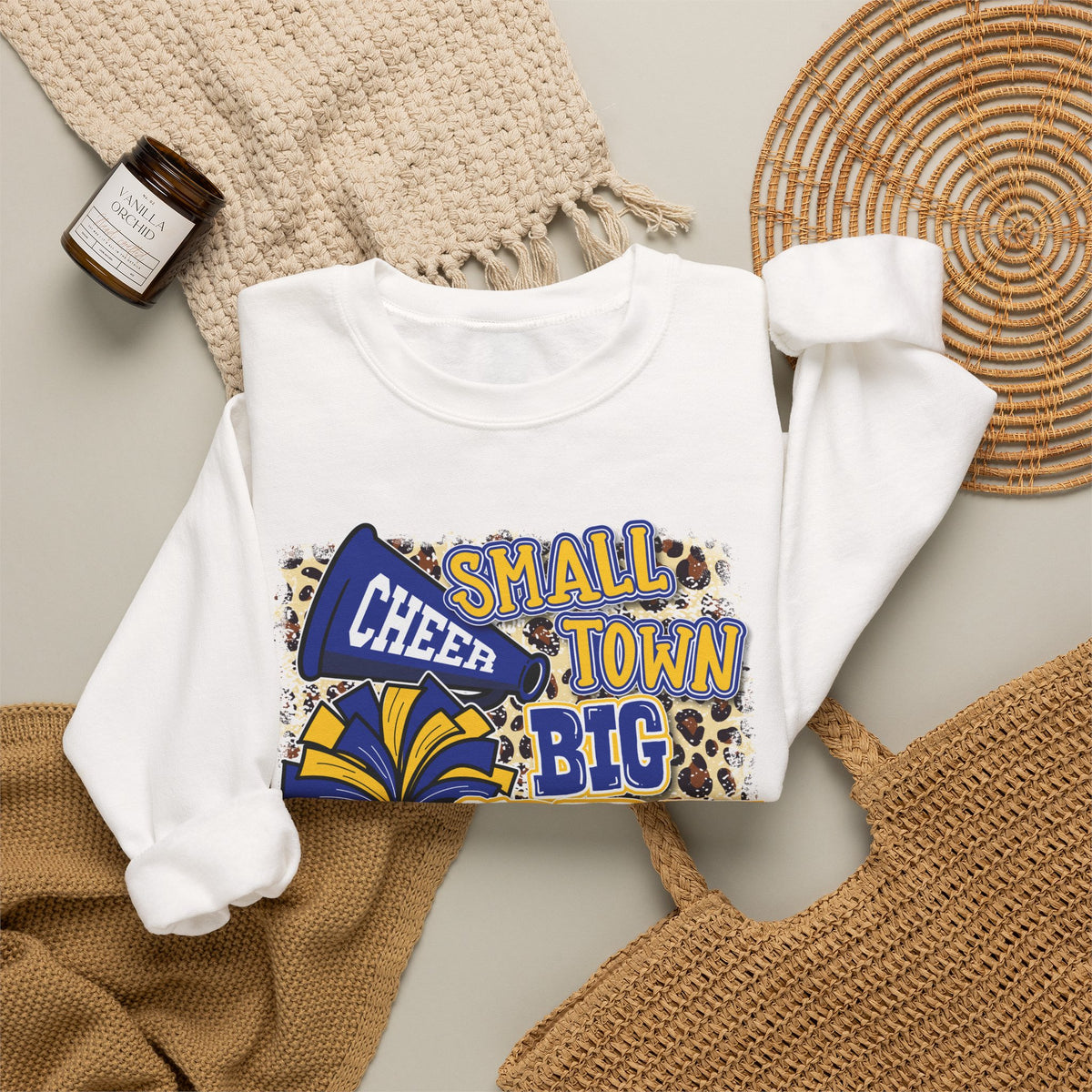 Small Town Big Spirit Crewneck Sweatshirt — Cheer Megaphone & Pom Pom Design
