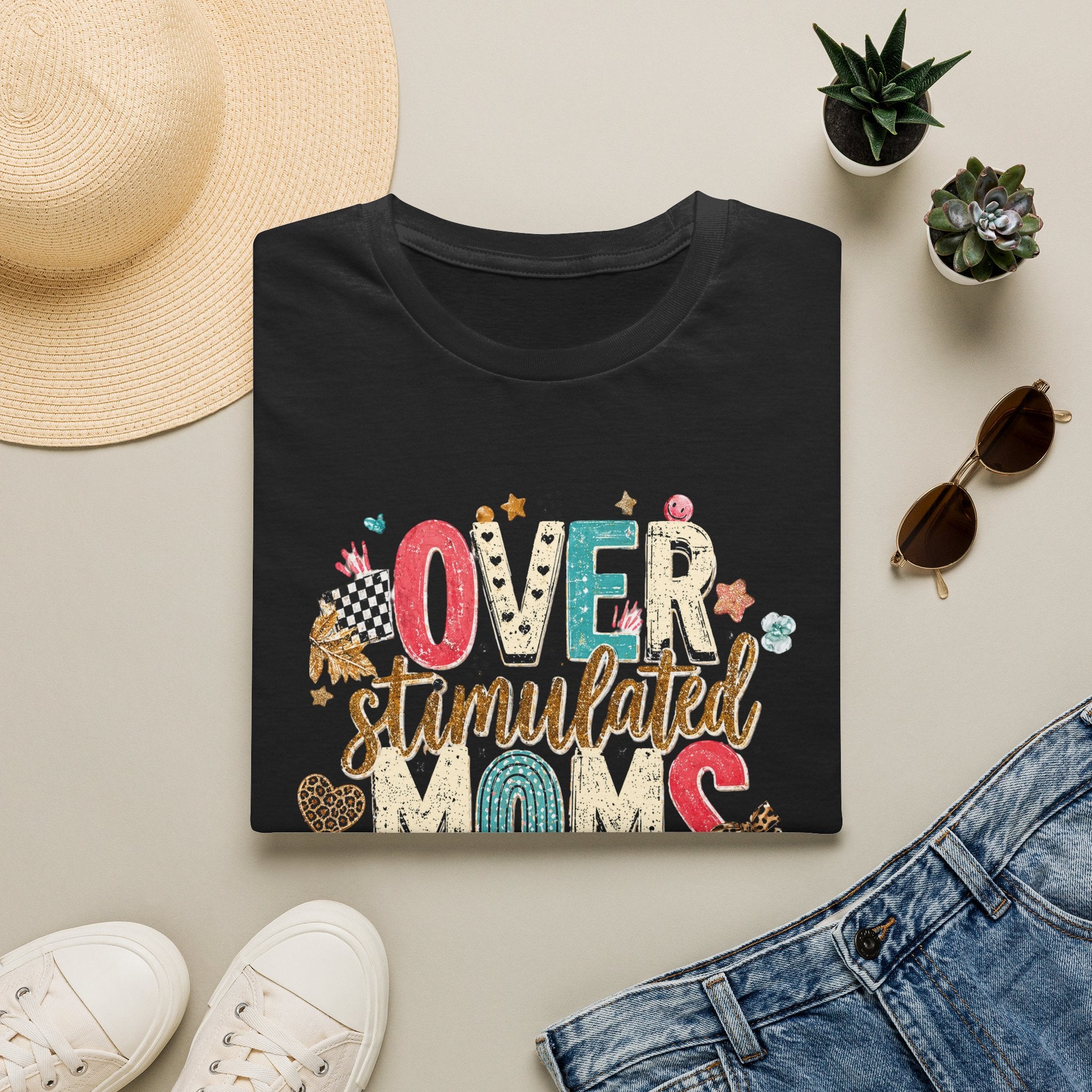 Overstimulated Mom Graphic T-Shirt — Colorful Playful Lettering Tee