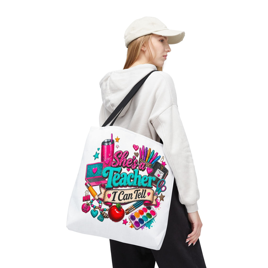 Teacher Tote Bag – “She’s a Teacher I Can Tell” Colorful School Supplies Design