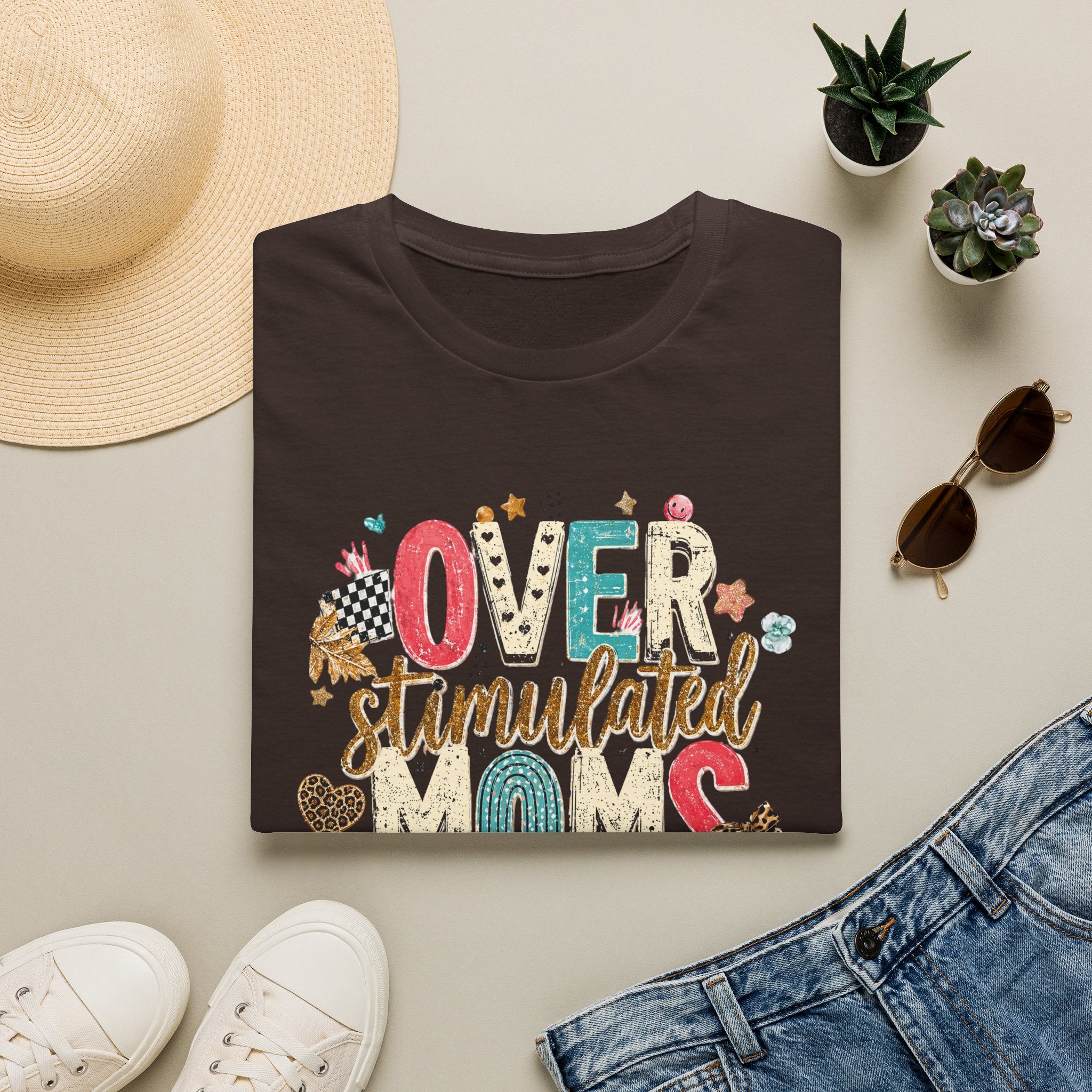 Overstimulated Mom Graphic T-Shirt — Colorful Playful Lettering Tee