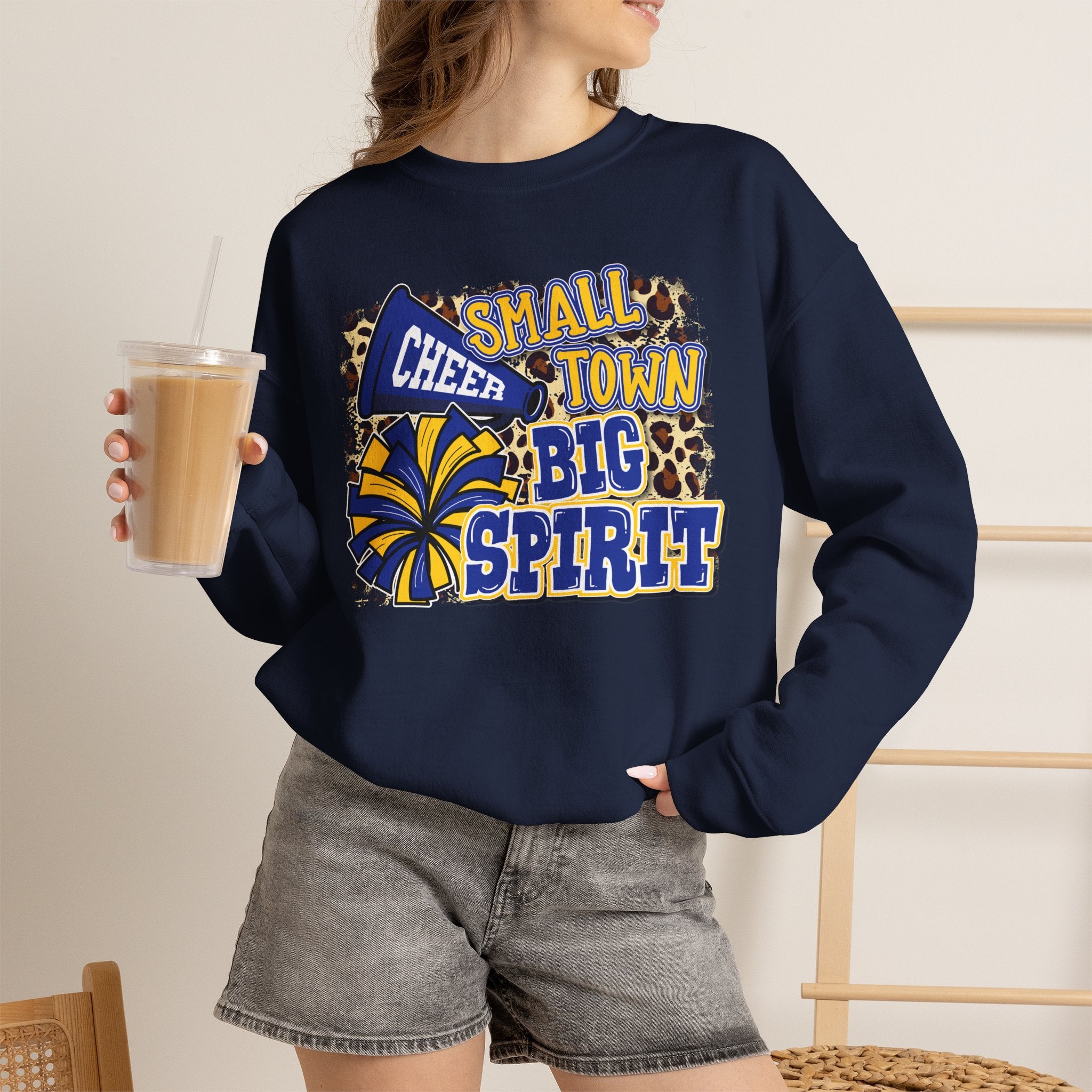 Small Town Big Spirit Crewneck Sweatshirt — Cheer Megaphone & Pom Pom Design