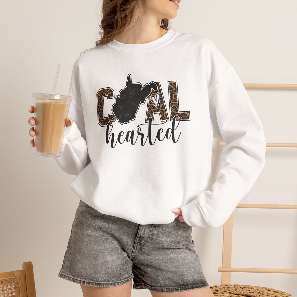 West Virginia Hearted Crewneck Sweatshirt — 'Coal Hearted' Leopard Accent