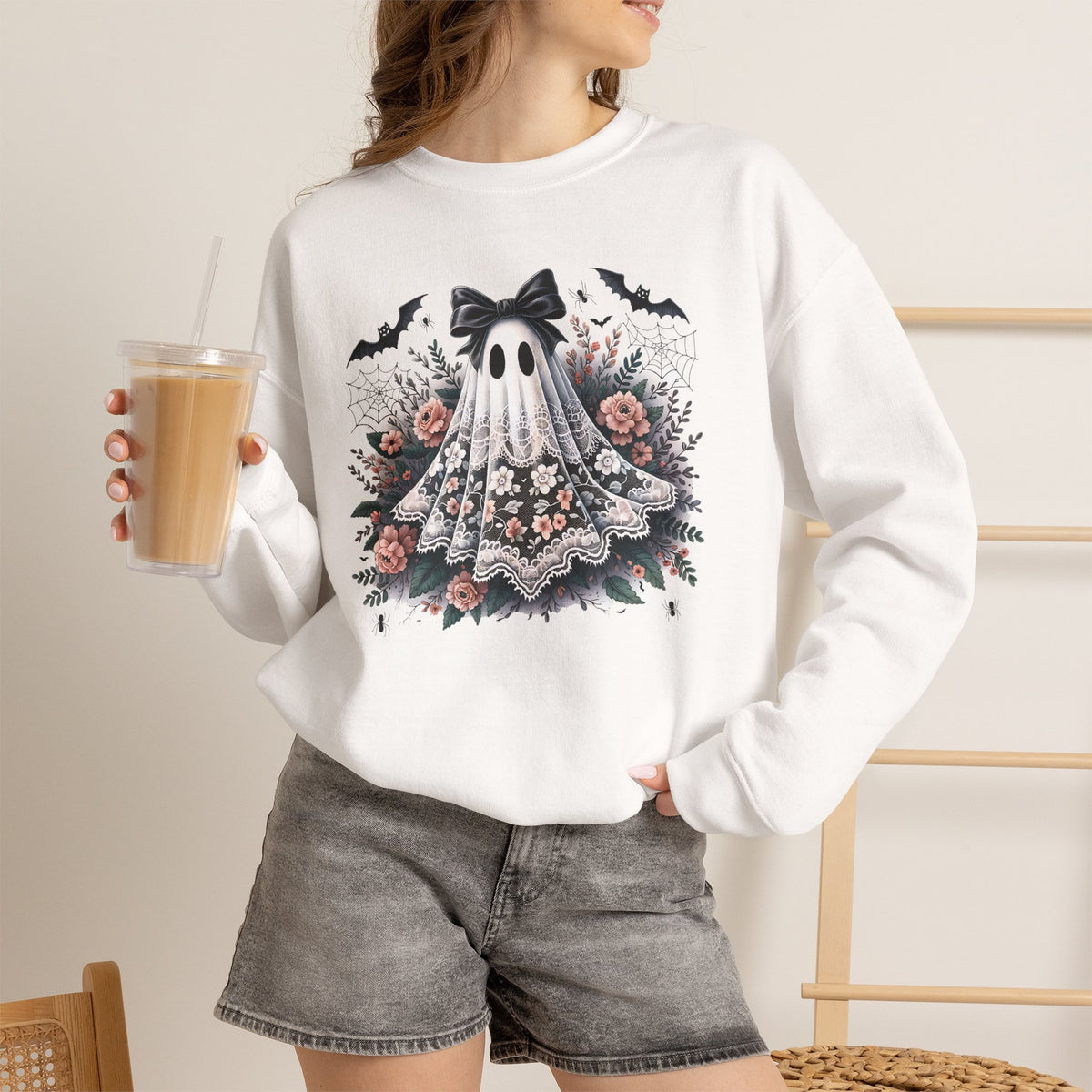 Ghost in Bloom Crewneck Sweatshirt — Floral Halloween Ghost Graphic