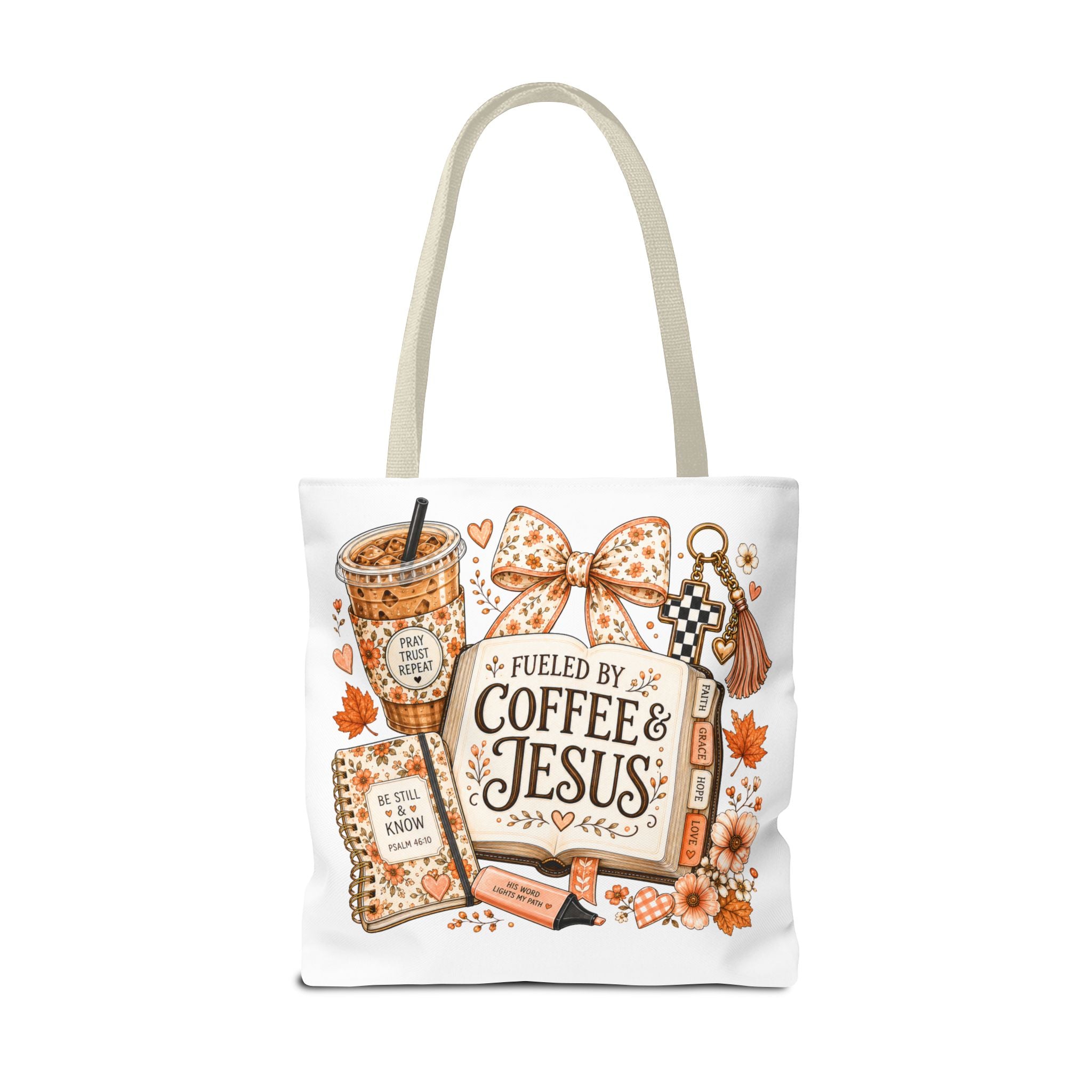Christian Coffee Tote Bag — “Fueled by Coffee & Jesus” Fall Floral AOP Tote
