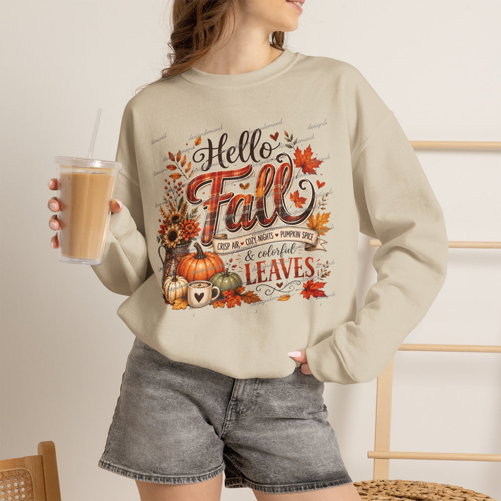 Hello Fall Sweatshirt – Autumn Pumpkins, Leaves & Sunflowers Cozy Crewneck
