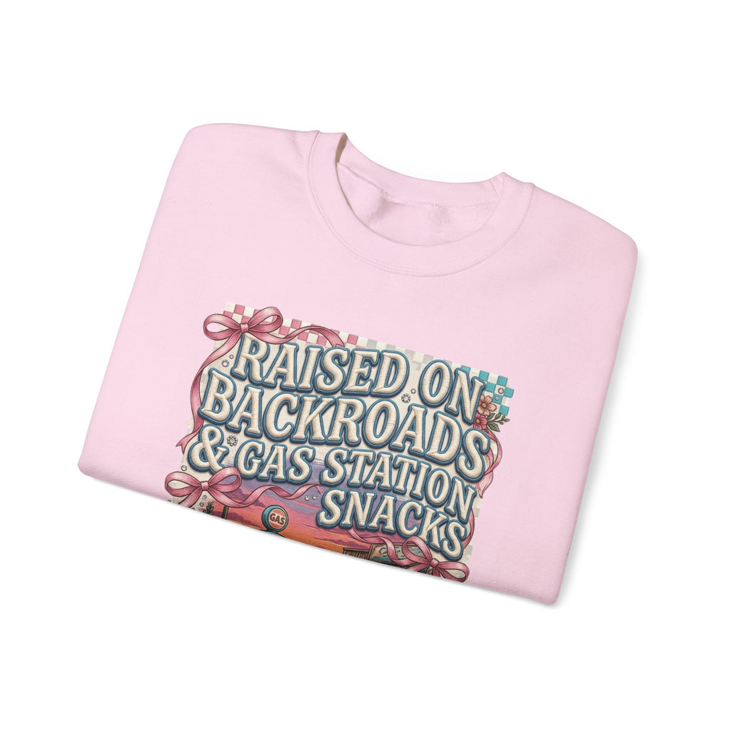 Crewneck Sweatshirt — "Raised on Backroads & Gas Station Snacks" Vintage Country Graphic