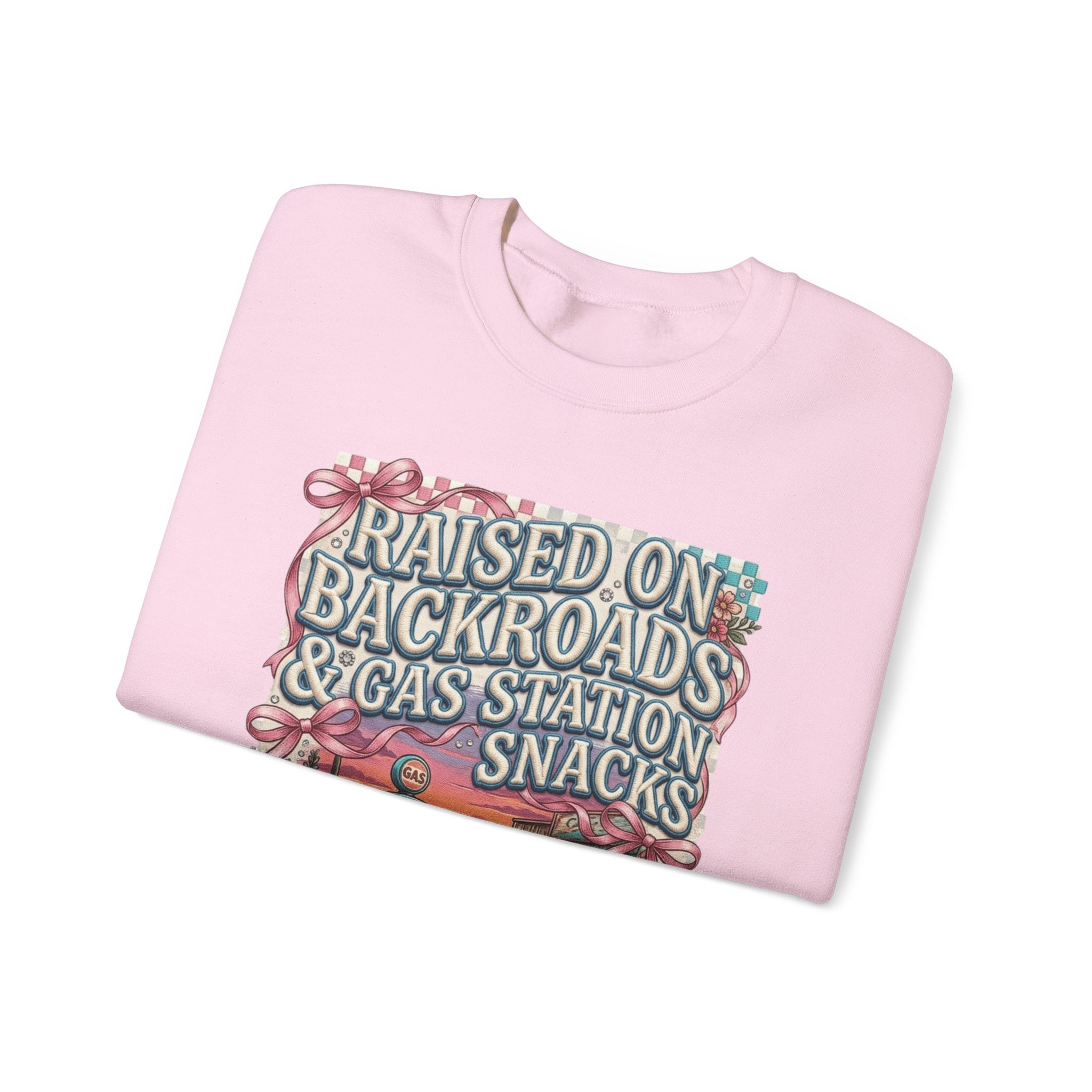 Crewneck Sweatshirt — "Raised on Backroads & Gas Station Snacks" Vintage Country Graphic