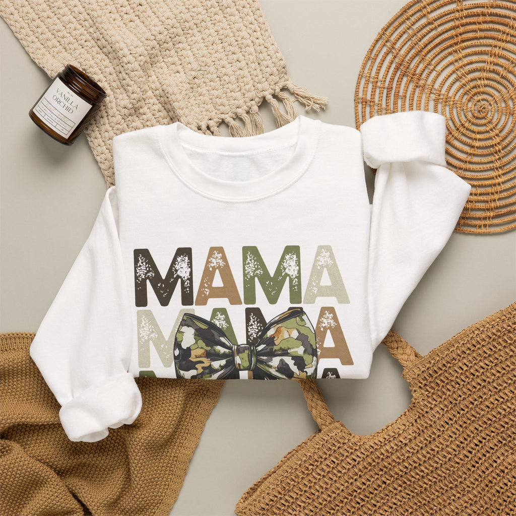 Mama Camo Bow Sweatshirt — Layered MAMA Graphic for Military & Outdoors Moms