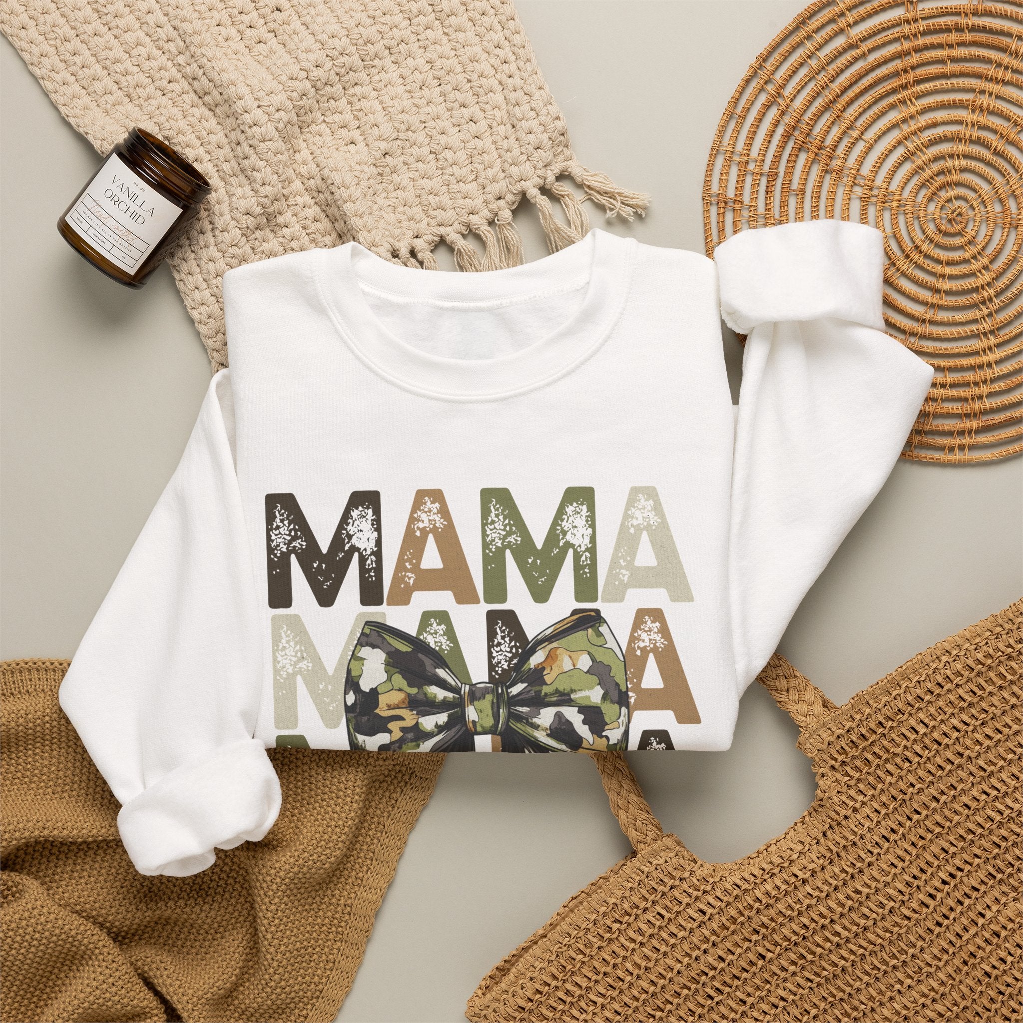 Mama Camo Bow Sweatshirt — Layered MAMA Graphic for Military & Outdoors Moms