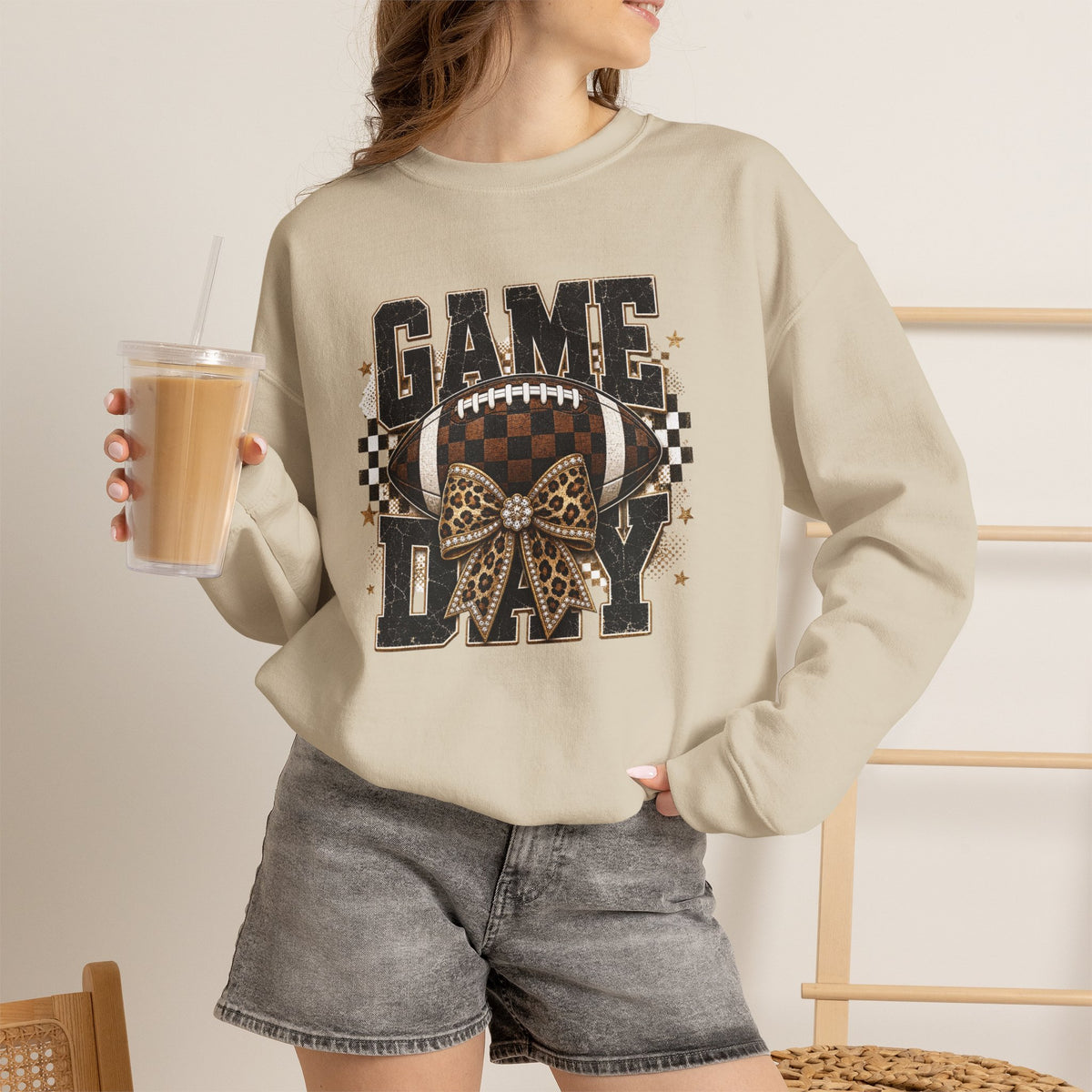 Game Day Football Sweatshirt — Leopard Bow & Checkered Vintage Crewneck