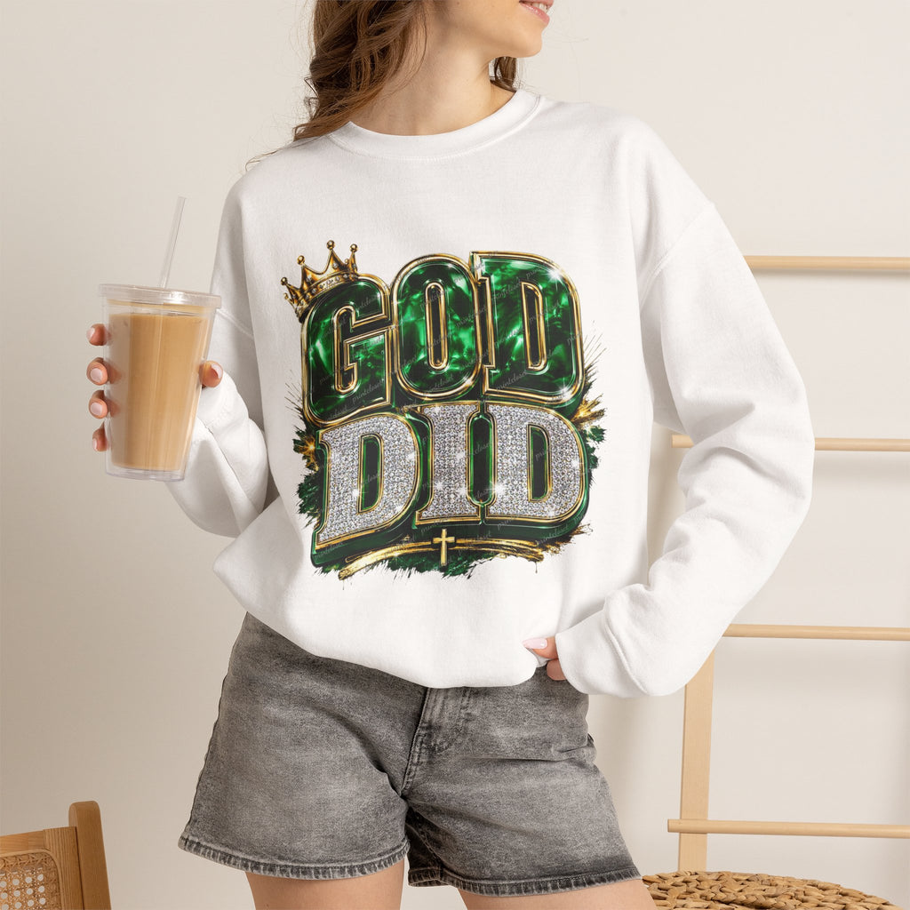 Crewneck Sweatshirt — "God Did" Crowned Glitter Graphic Faith Pullover