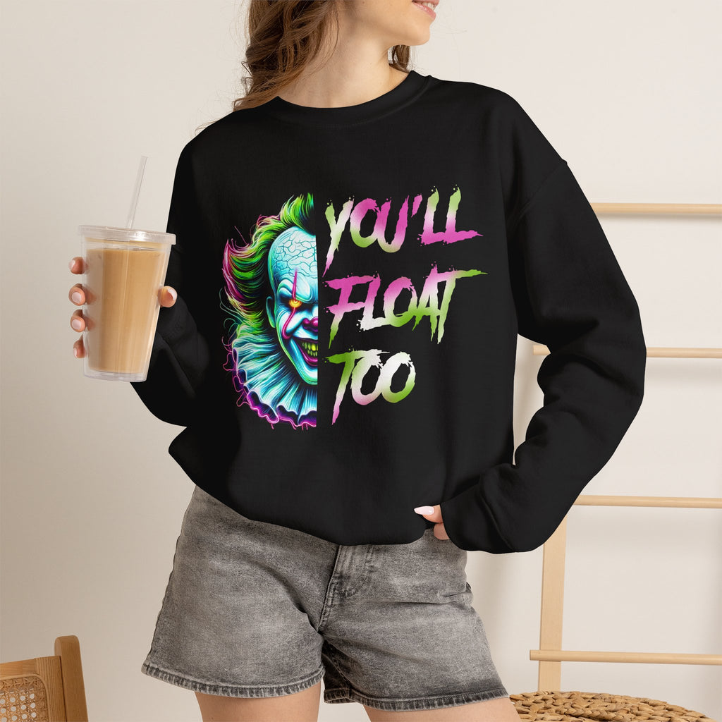 Creepy Neon Clown Sweatshirt – "You'll Float Too" Horror Crewneck