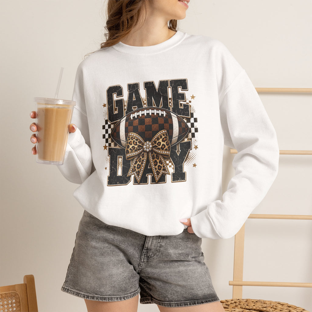 Game Day Football Sweatshirt — Leopard Bow & Checkered Vintage Crewneck
