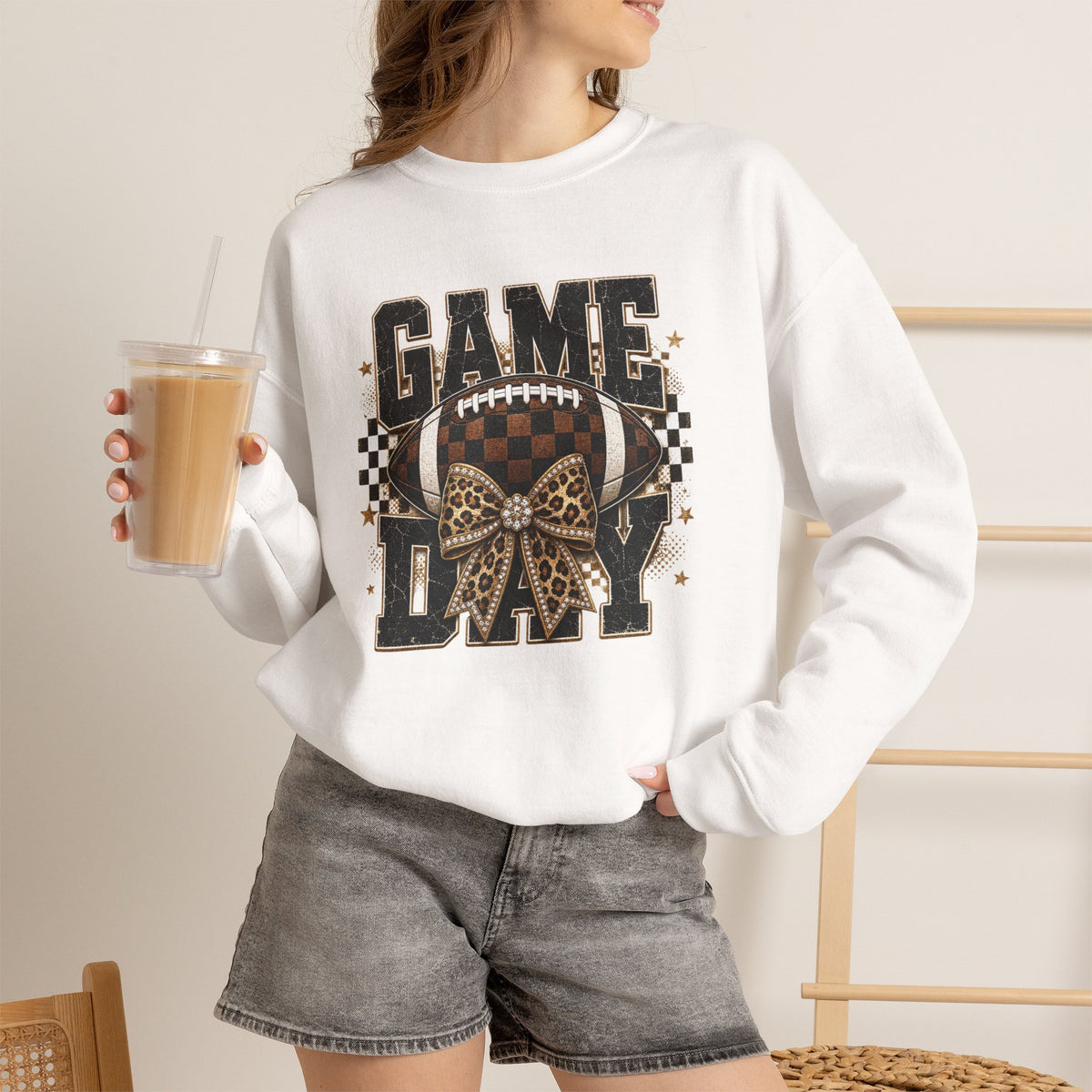 Game Day Football Sweatshirt — Leopard Bow & Checkered Vintage Crewneck