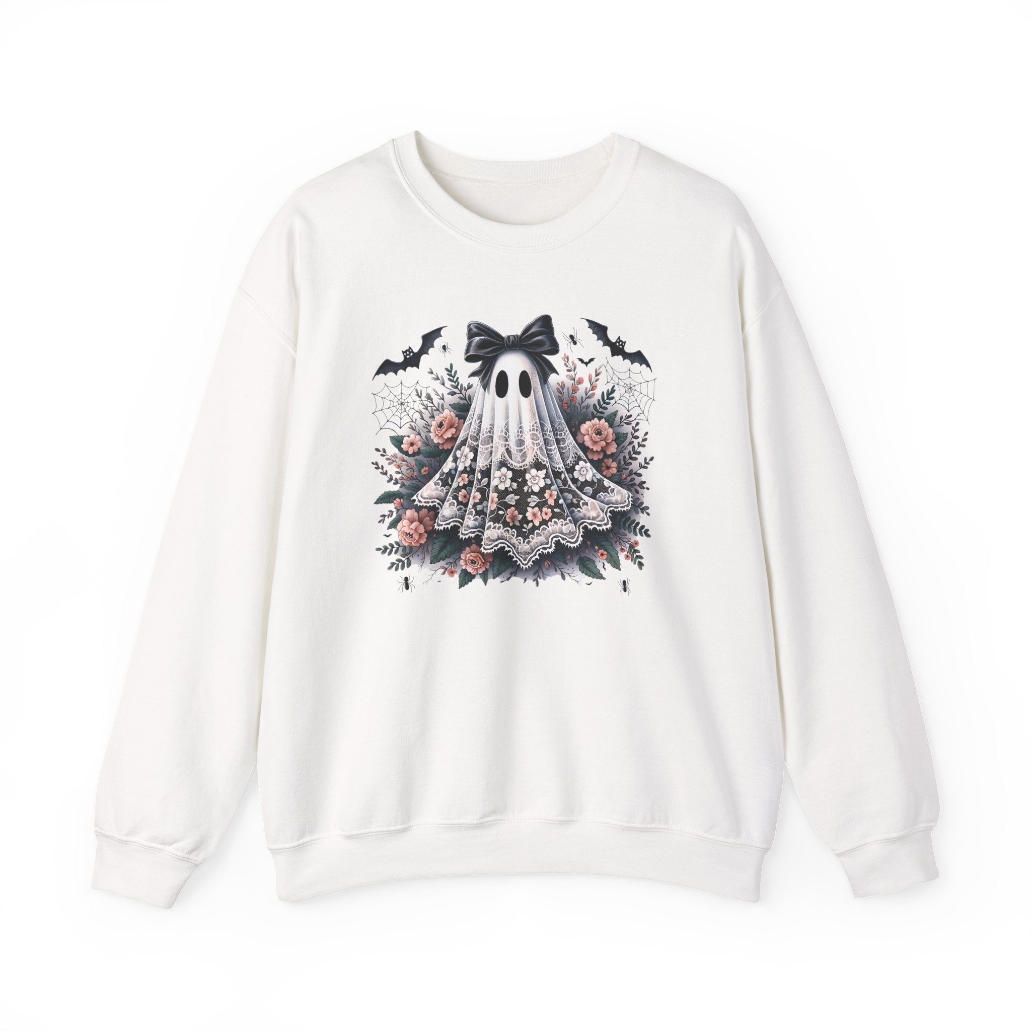 Ghost in Bloom Crewneck Sweatshirt — Floral Halloween Ghost Graphic