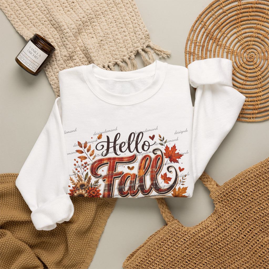 Hello Fall Sweatshirt – Autumn Pumpkins, Leaves & Sunflowers Cozy Crewneck