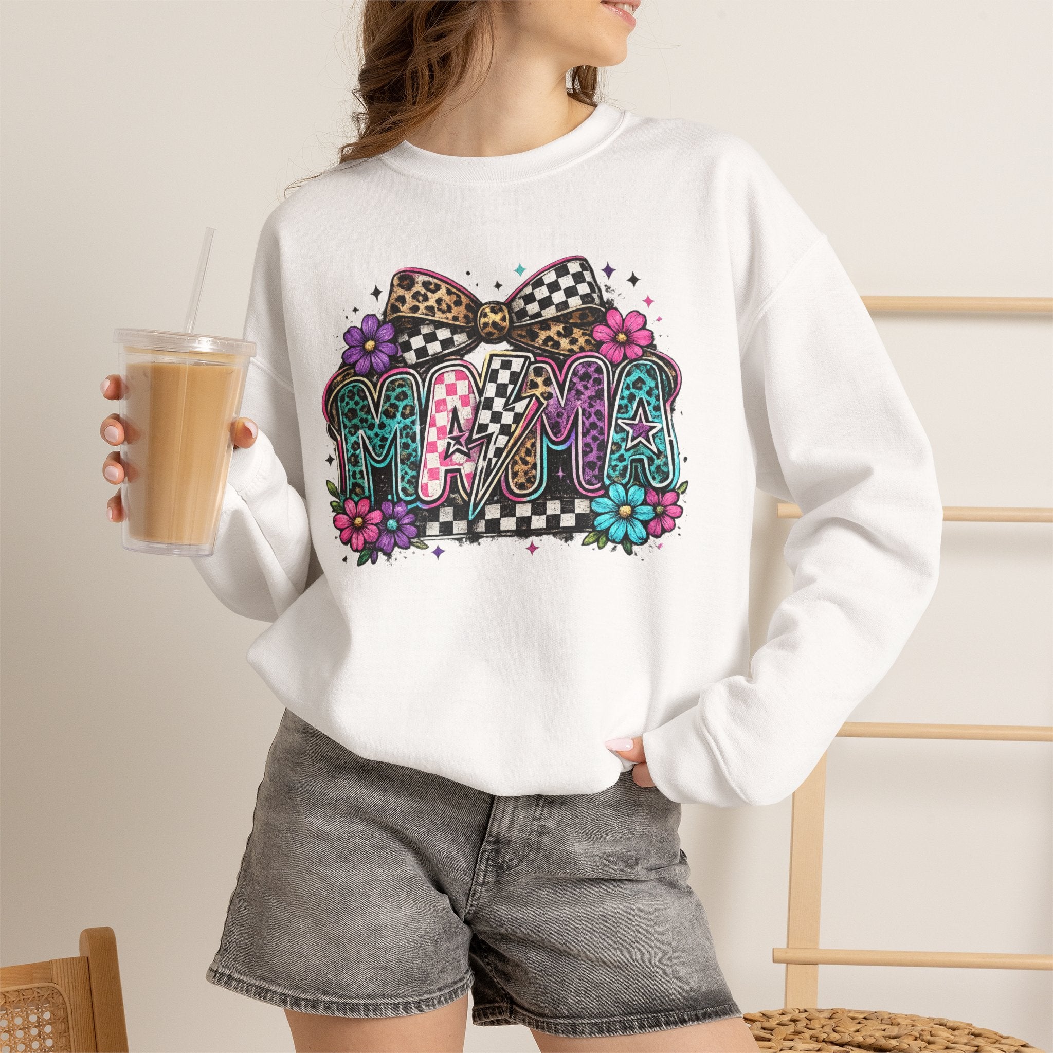 Mama Graphic Sweatshirt - Colorful Floral Checkerboard Print