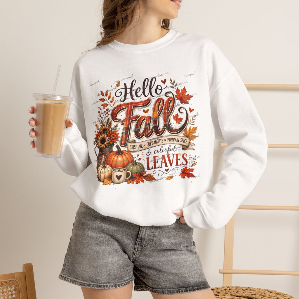 Hello Fall Sweatshirt – Autumn Pumpkins, Leaves & Sunflowers Cozy Crewneck