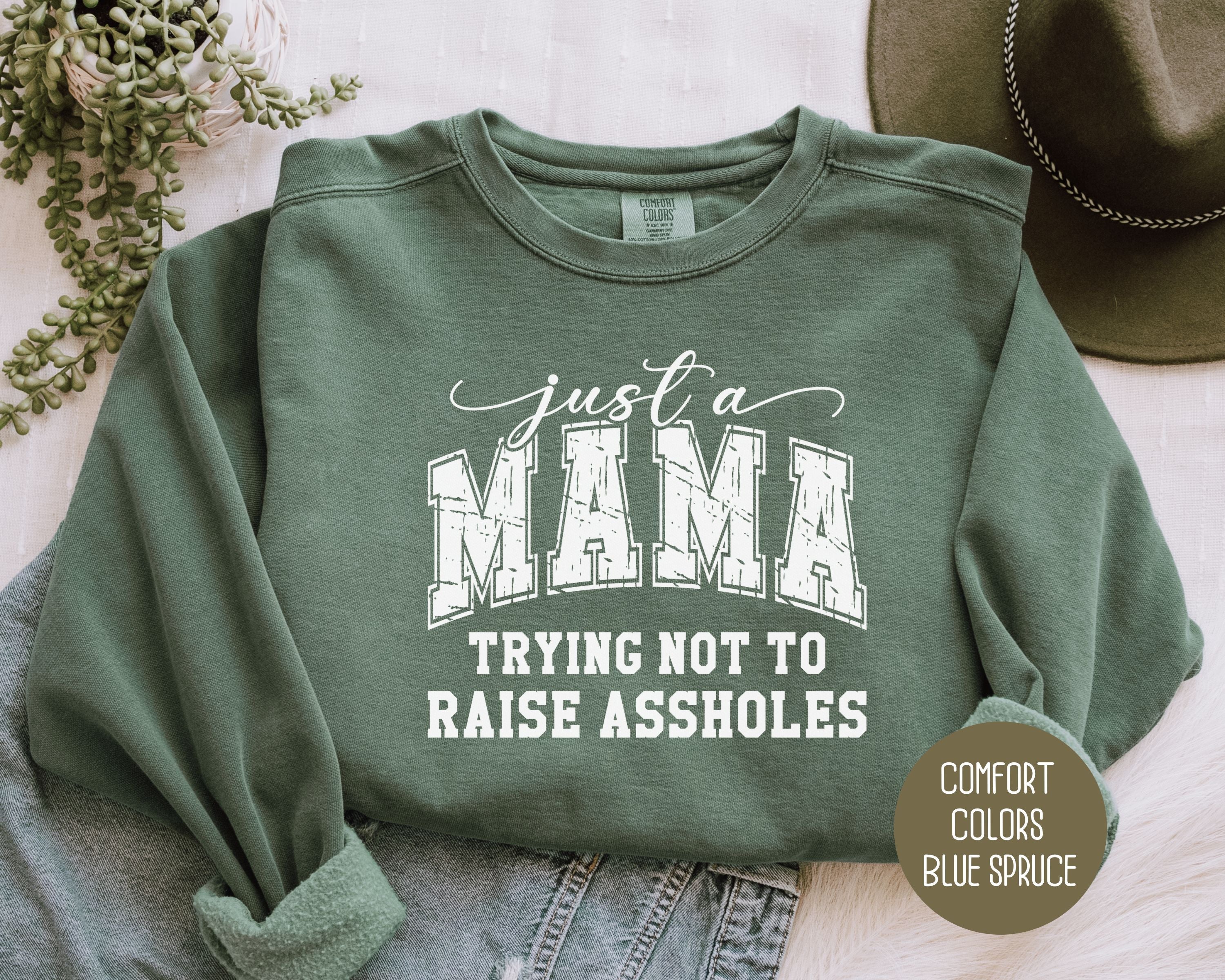 Just a Mama Trying Not To Raise Assholes Comfort Colors Sweatshirt