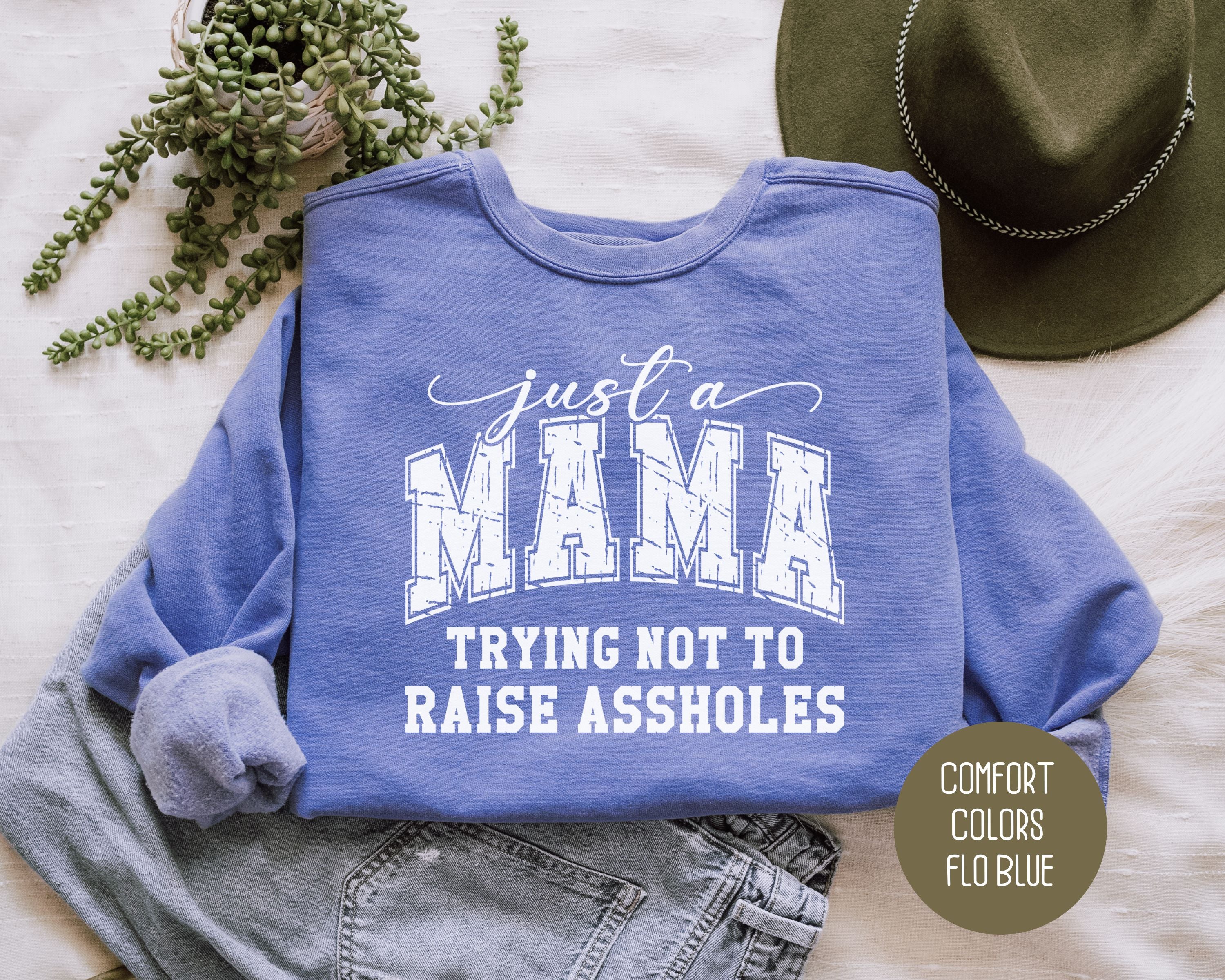 Just a Mama Trying Not To Raise Assholes Comfort Colors Sweatshirt