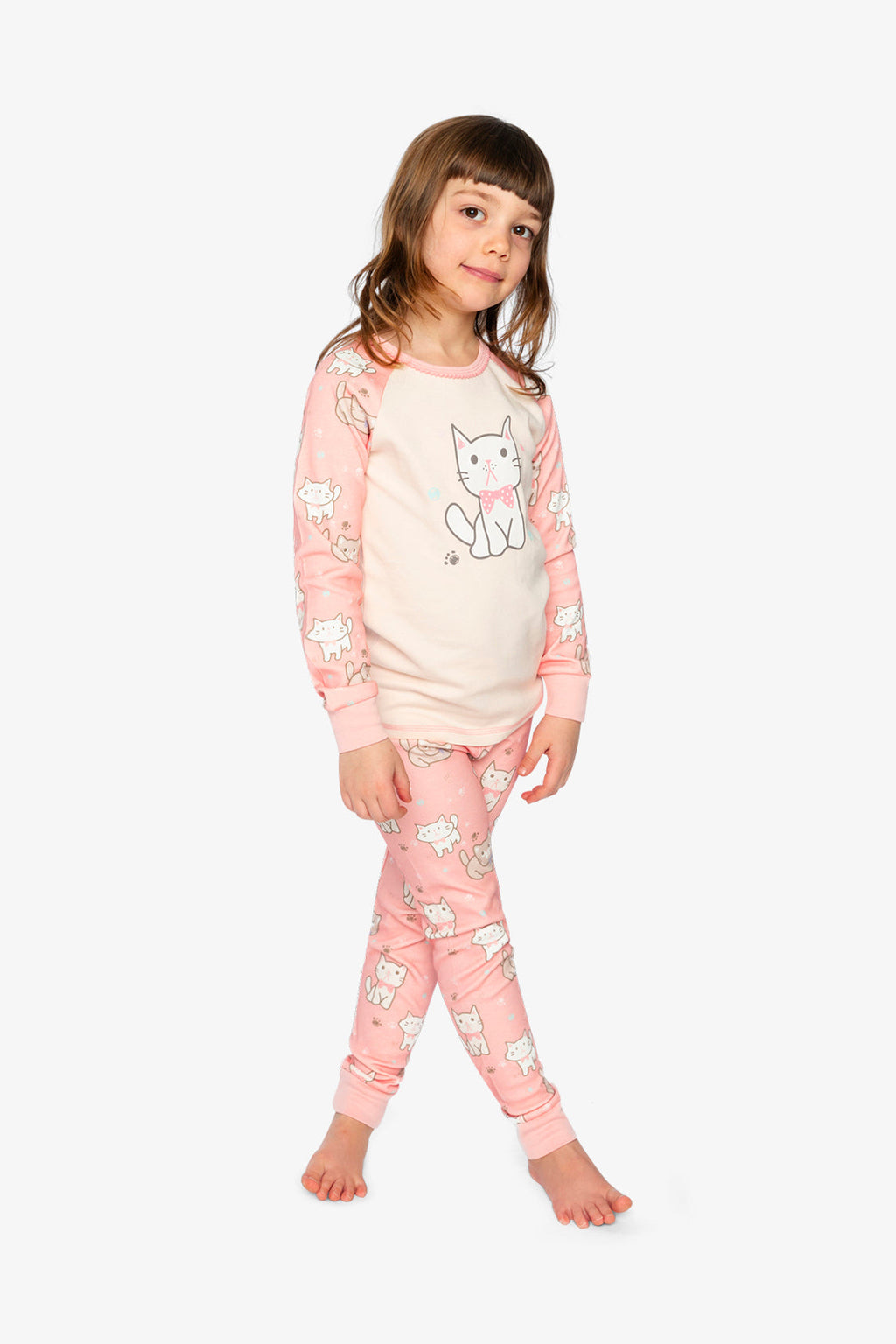 Organic Cotton Two Piece Pajama Set Pink Cat Print
