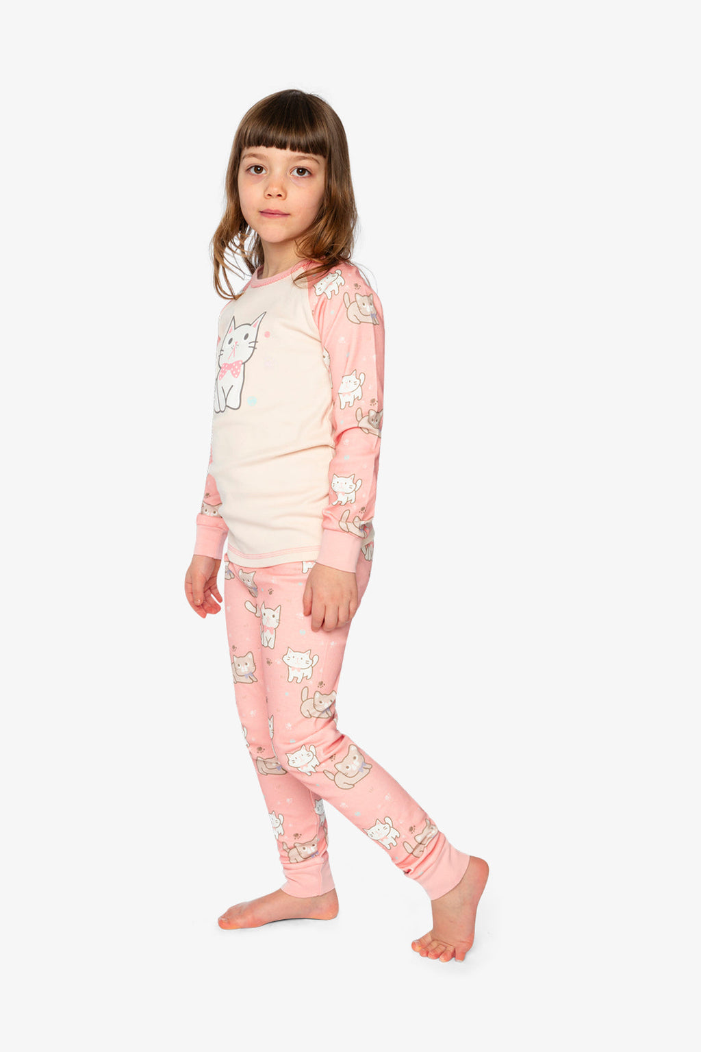 Organic Cotton Two Piece Pajama Set Pink Cat Print