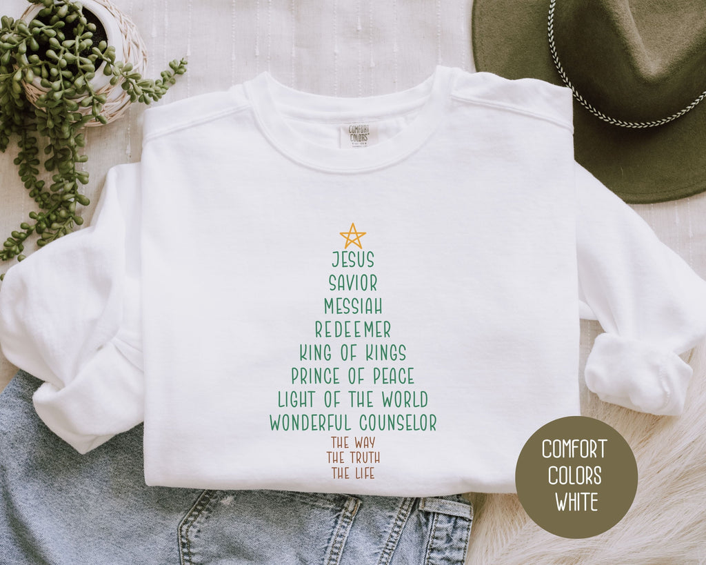Names of Jesus Christmas Tree Comfort Colors Sweatshirt